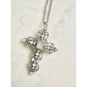 iridescent moonstone rhinestone cross necklace